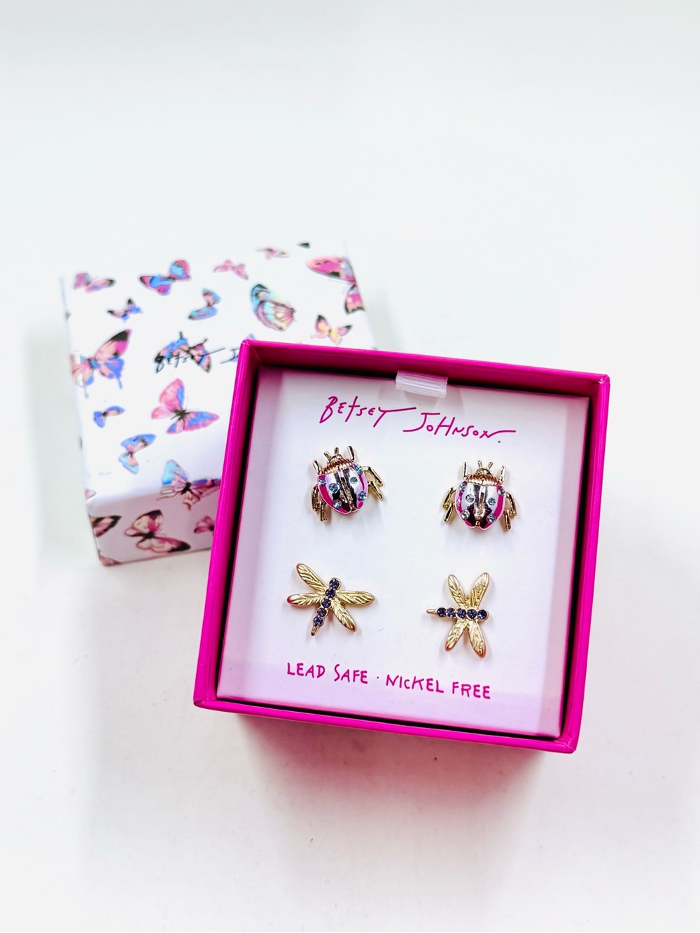 Betsey Johnson Pink & Gold Ladybug and Dragonfly Pierced Earring Set NIB 🎁